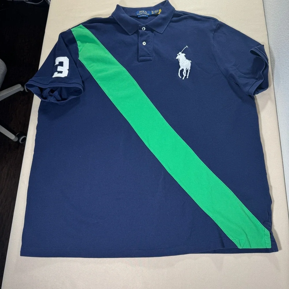 Polo Ralph Lauren Men's Big Pony Polo Shirt Navy Blue Green Stripe‎ Rugby XXL - Picture 8 of 15